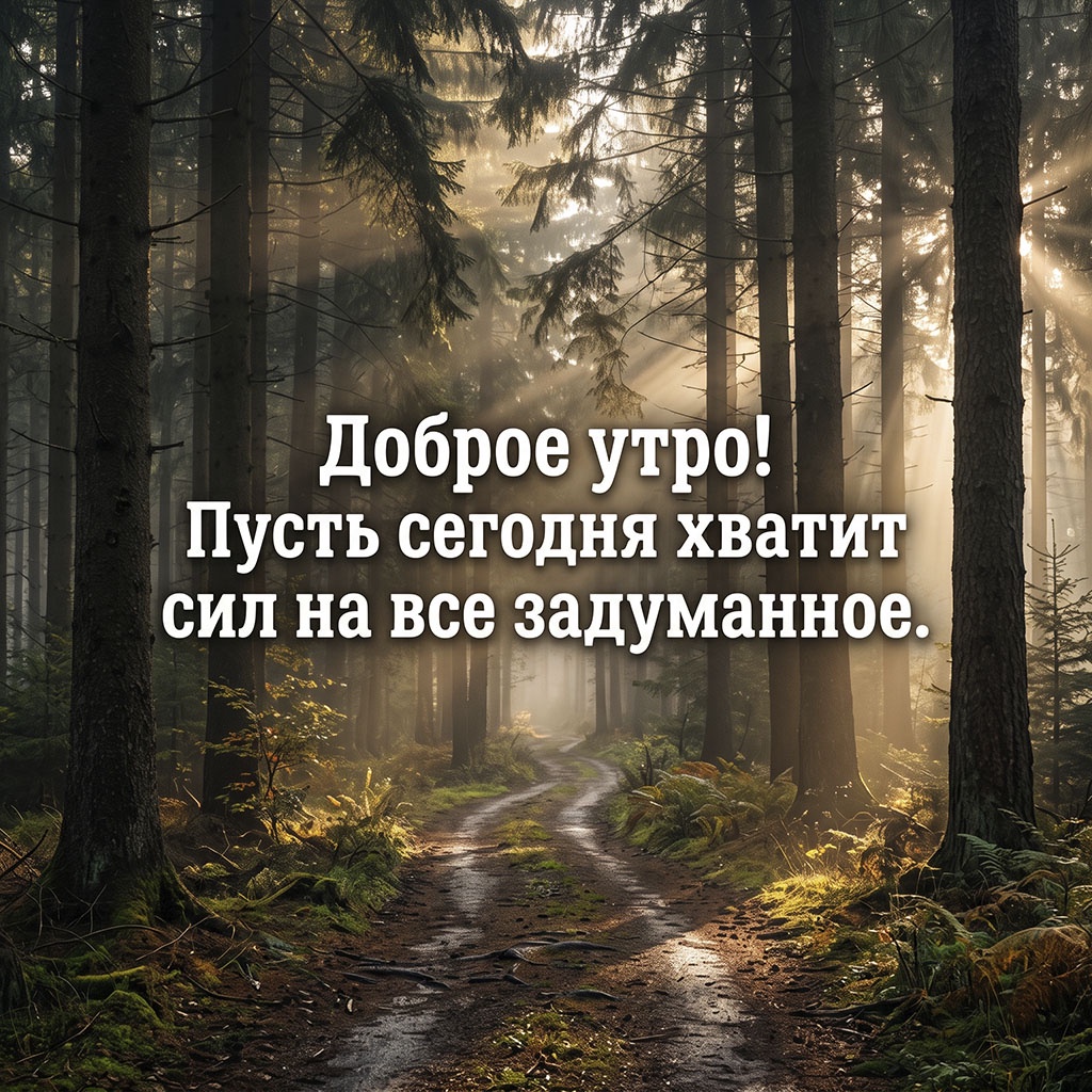 Открытка с дорогой в хвойном лесу, лучами солнца сквозь деревья и текстом: "Доброе утро! Пусть сегодня хватит сил на все задуманное."