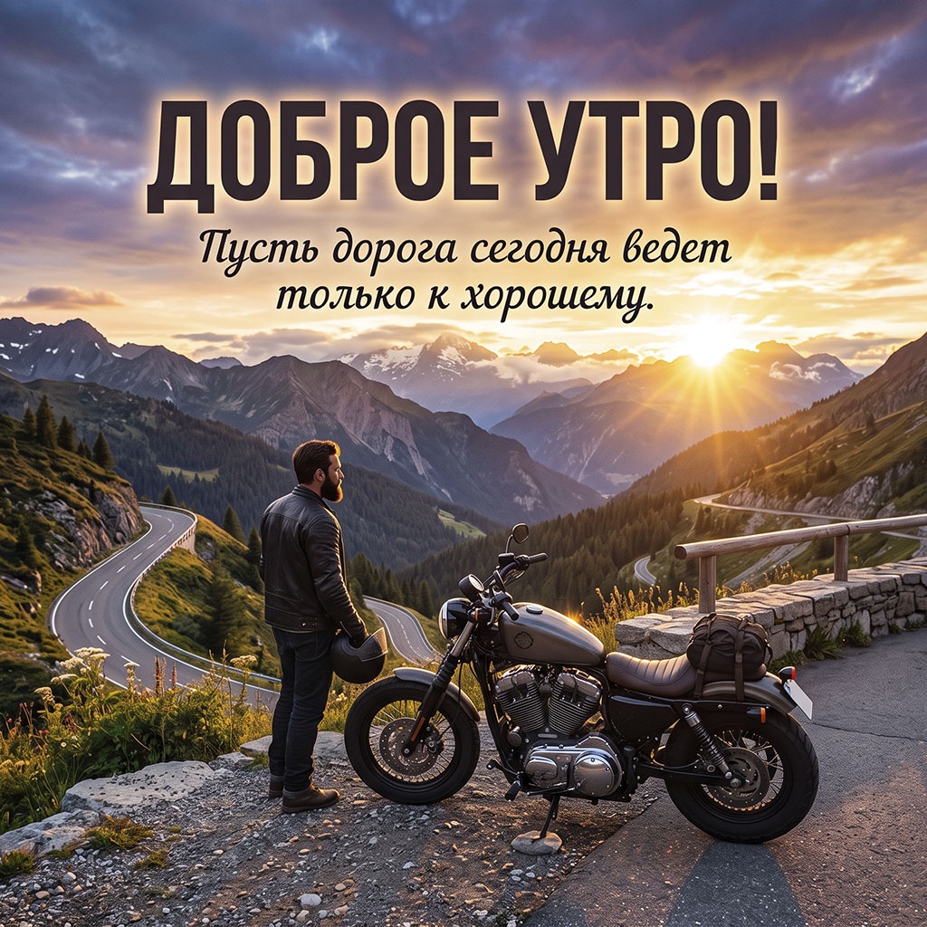 Открытка с мужчиной и мотоциклом на горной дороге на фоне рассвета и текстом: "Доброе утро! Пусть дорога сегодня ведет только к хорошему."