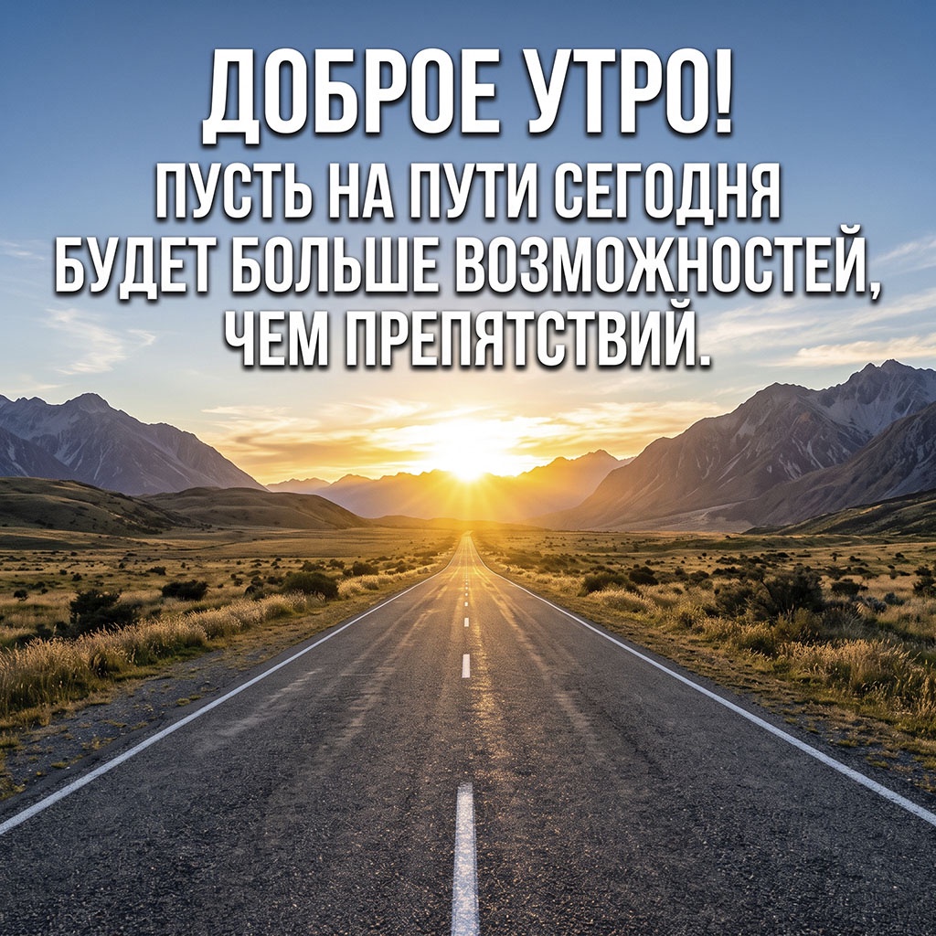 Открытка с пустой асфальтированной дорогой, уходящей к горам и рассвету, и текстом: "Доброе утро! Пусть на пути сегодня будет больше возможностей, чем препятствий."