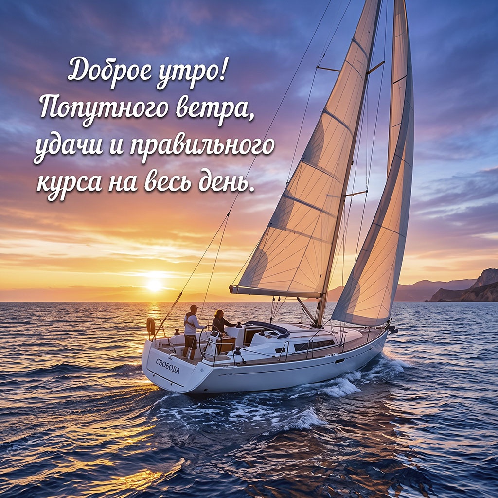 Открытка с белоснежной парусной яхтой на море на фоне зари и текстом: "Доброе утро! Попутного ветра, удачи и правильного курса на весь день."