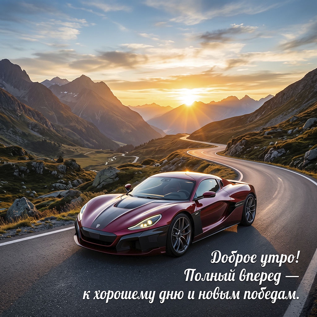 Открытка со спортивным автомобилем на горной дороге на фоне рассвета и текстом: "Доброе утро! Полный вперед - к хорошему дню и новым победам."