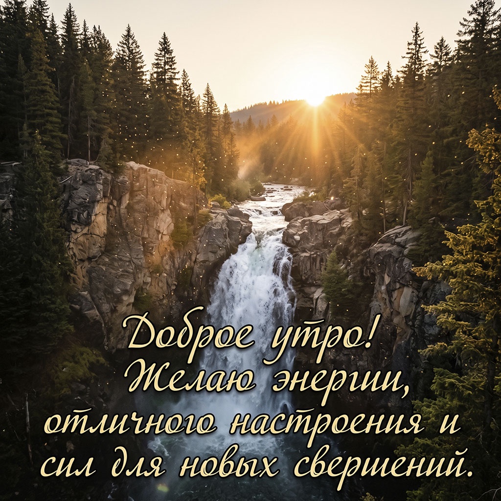 Открытка с водопадом среди скал и елового леса в лучах солнца и текстом: "Доброе утро! Желаю энергии, отличного настроения и сил для новых свершений."