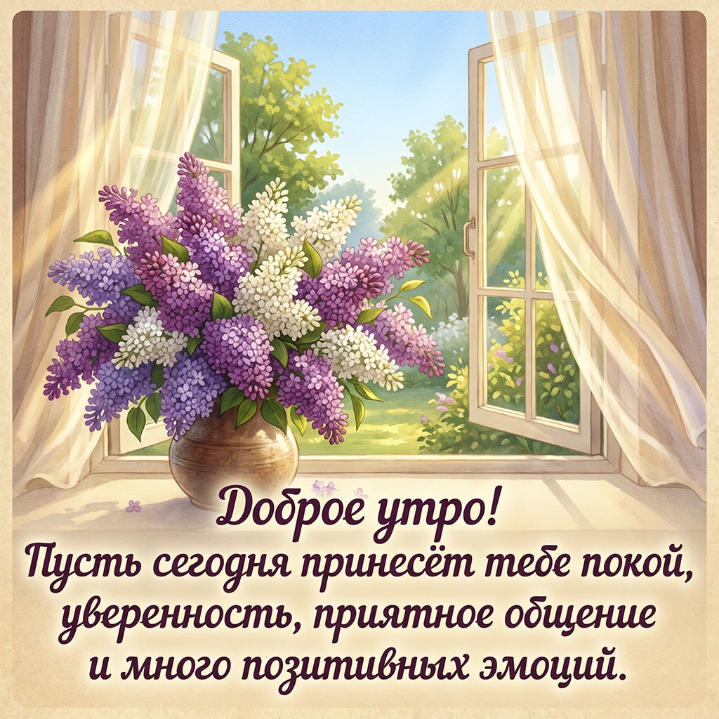 Открытка с букетом сирени в вазе на подоконнике у открытого окна и текстом: "Доброе утро! Пусть сегодня принесет тебе покой, уверенность, приятное общение и много позитивных эмоций."