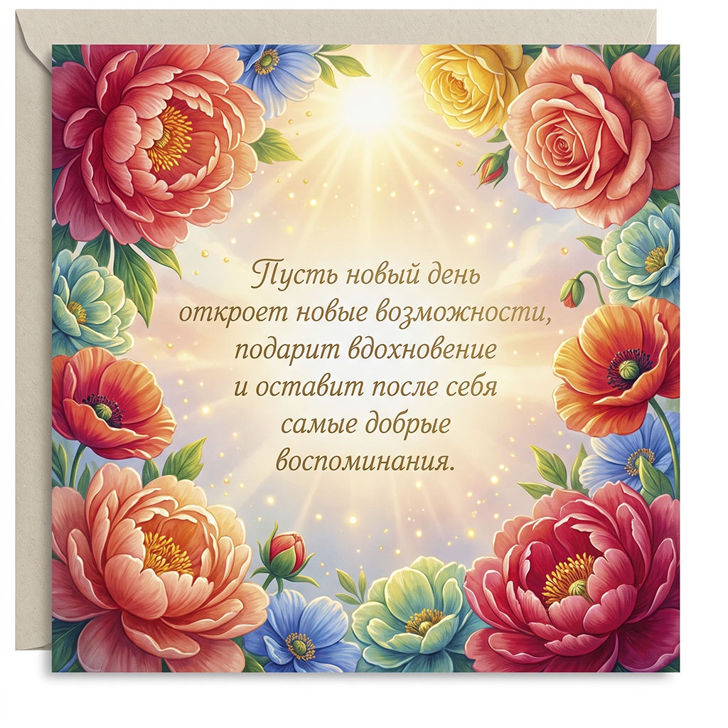 Открытка с рамкой из пионов, роз, маков и голубых цветов вокруг солнечного света и текстом: "Пусть новый день откроет новые возможности, подарит вдохновение и оставит после себя самые добрые воспоминания."