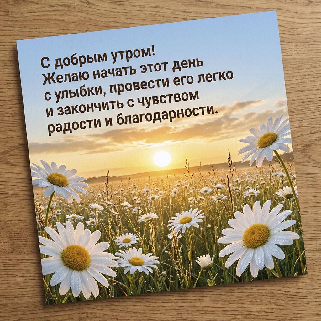 Открытка с полевыми ромашками на фоне поднимающегося солнца и текстом: "С добрым утром! Желаю начать этот день с улыбки, провести его легко и закончить с чувством радости и благодарности."