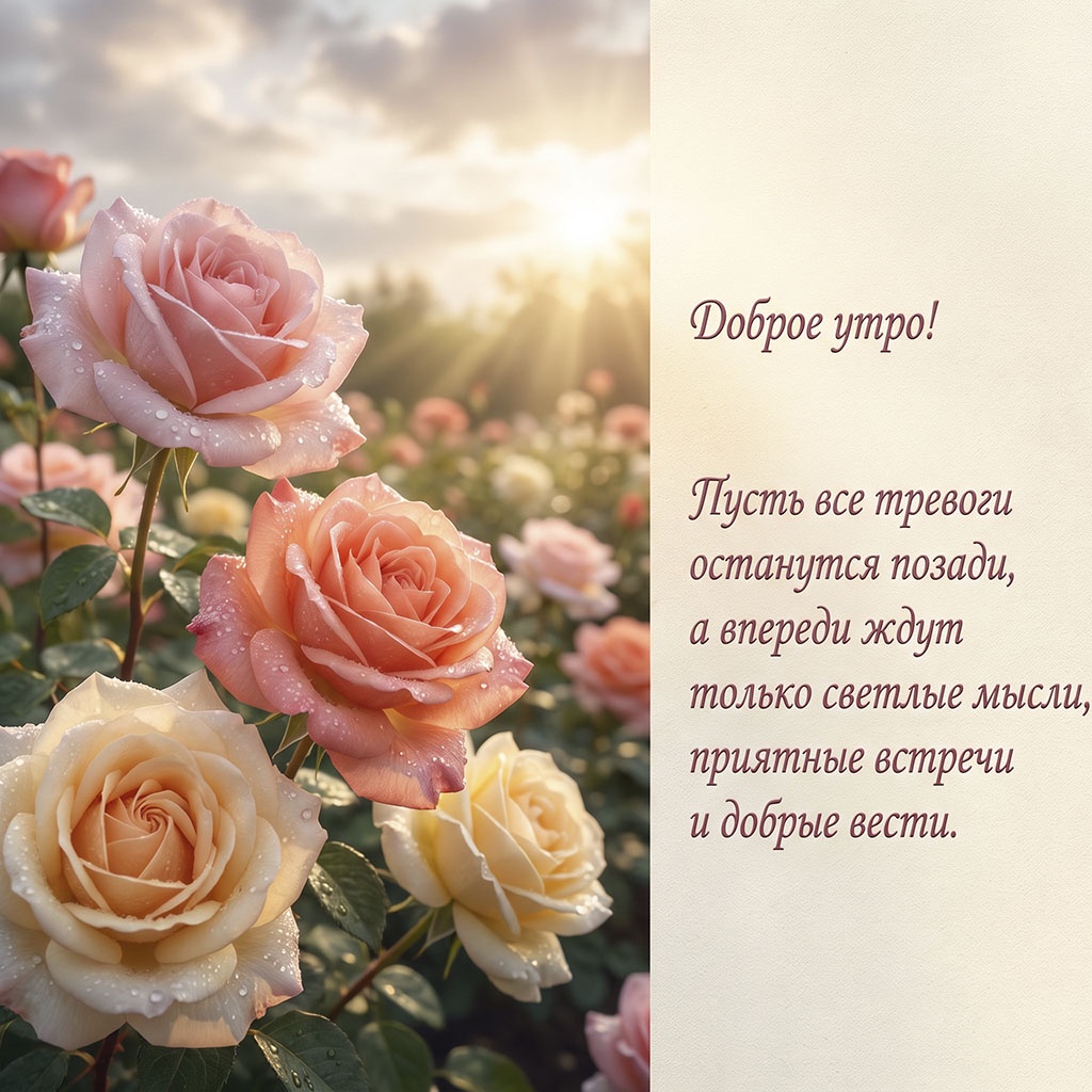 Открытка с розовыми и кремовыми розами в каплях росы в утреннем саду и текстом: "Доброе утро! Пусть все тревоги останутся позади, а впереди ждут только светлые мысли, приятные встречи и добрые вести."