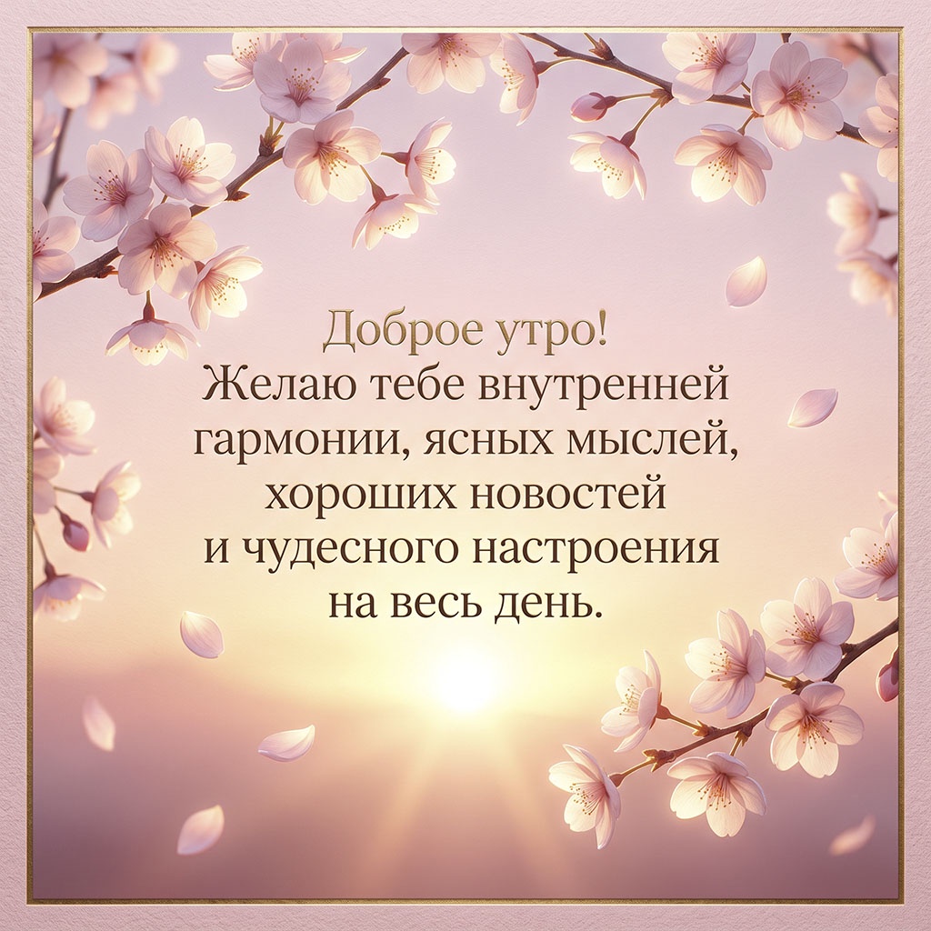 Открытка с ветвями цветущей сакуры, летящими лепестками и текстом: "Доброе утро! Желаю тебе внутренней гармонии, ясных мыслей, хороших новостей и чудесного настроения на весь день."