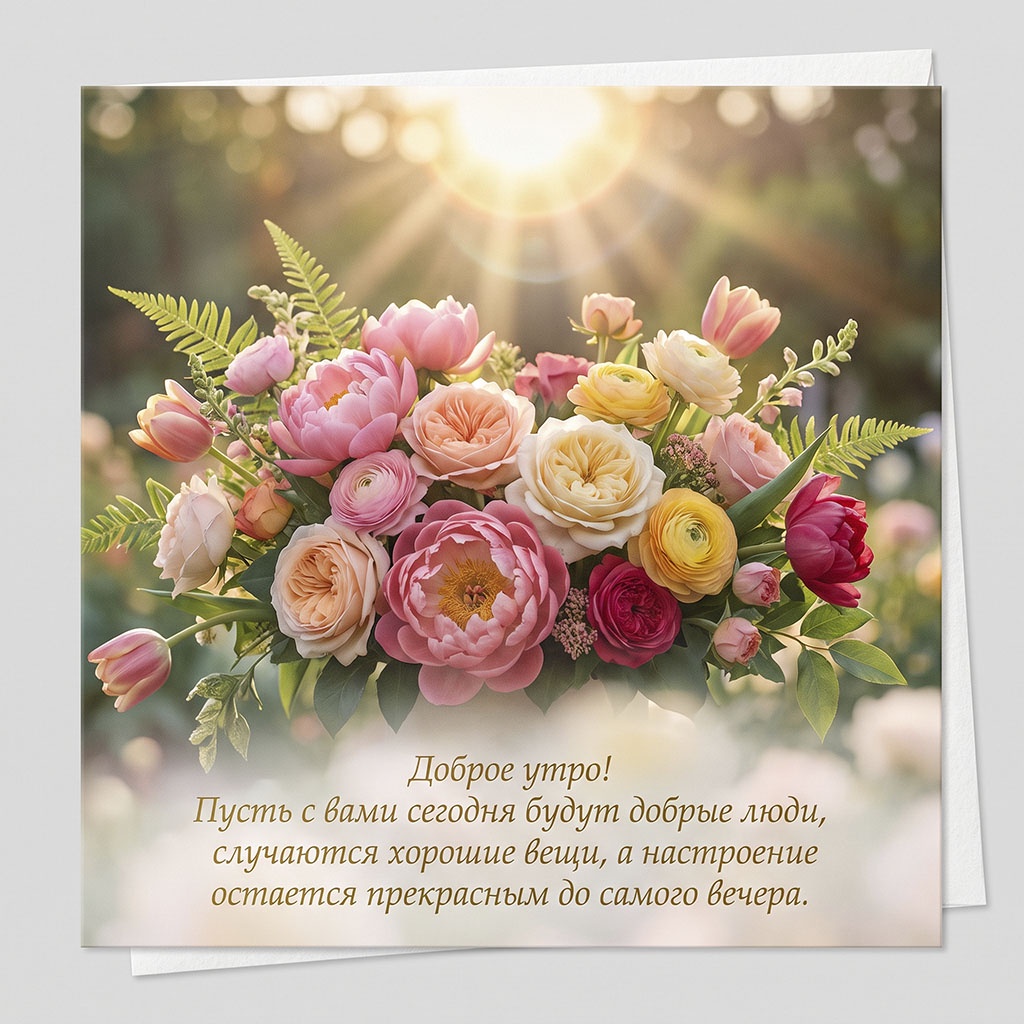 Открытка с пышным букетом розовых пионов, роз, тюльпанов и ранункулюсов в лучах рассвета и текстом: "Доброе утро! Пусть с вами сегодня будут добрые люди, случаются хорошие вещи, а настроение остается прекрасным до самого вечера."