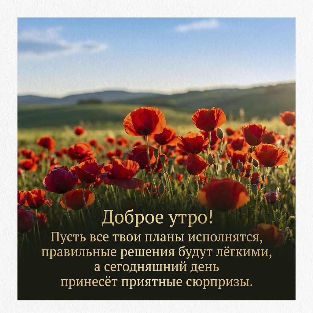 Открытка с красными маками на фоне холмов и текстом: "Доброе утро! Пусть все твои планы исполнятся, правильные решения будут легкими, а сегодняшний день принесет приятные сюрпризы."