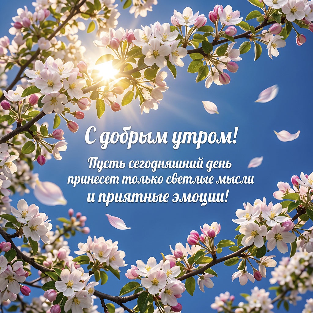 Открытка с цветущей яблоней на фоне голубого неба и летящими лепестками, с текстом: "С добрым утром! Пусть сегодняшний день принесет только светлые мысли и приятные эмоции!"