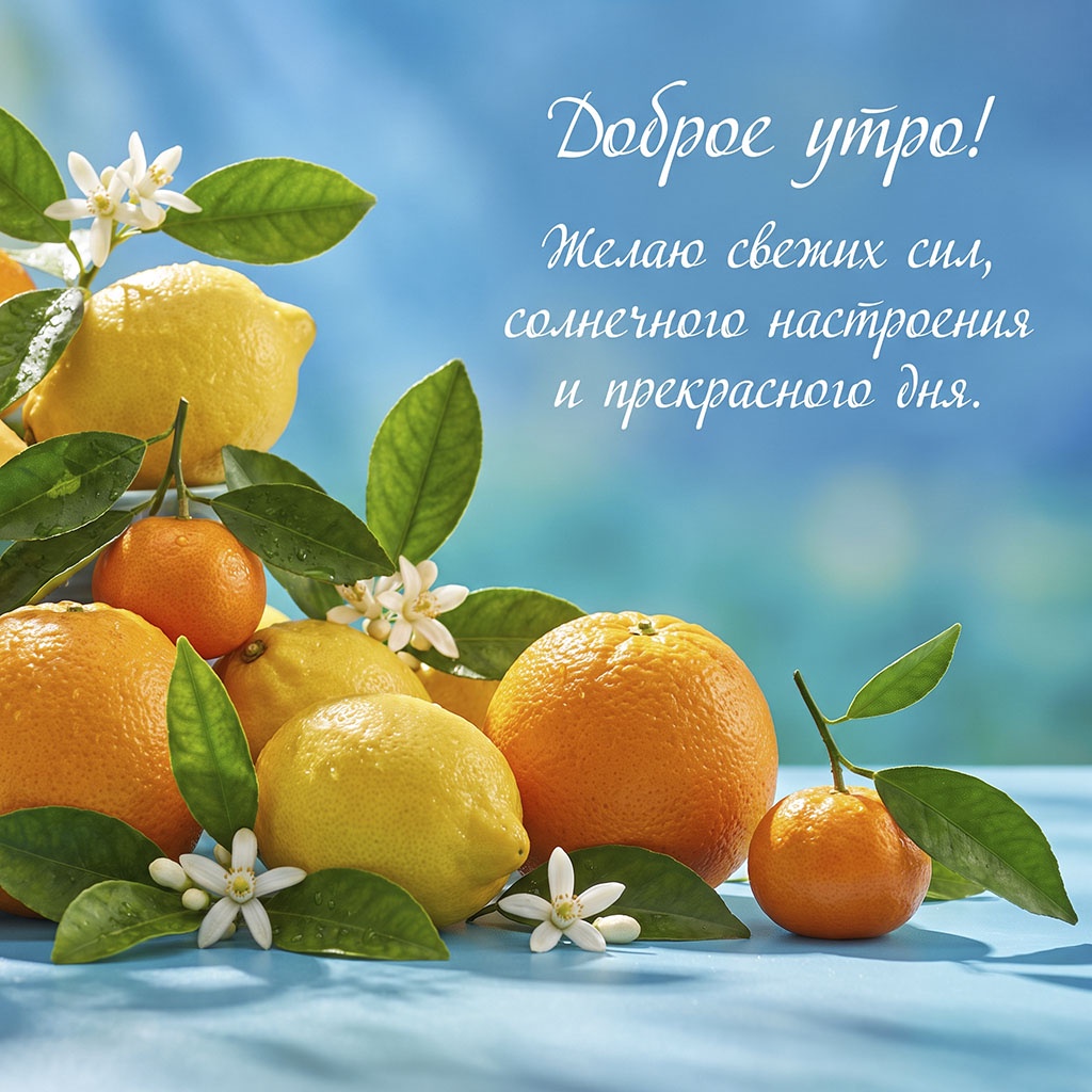 Открытка с лимонами, апельсинами, мандаринами и цветами на голубой скатерти и текстом: "Доброе утро! Желаю свежих сил, солнечного настроения и прекрасного дня."
