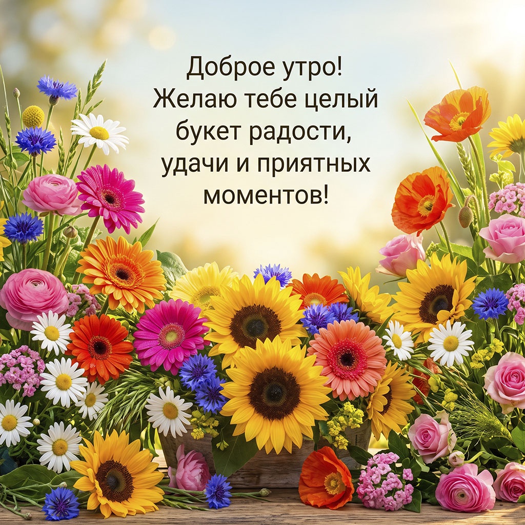 Открытка с яркими подсолнухами, герберами, розами, маками и васильками на деревянной столешнице и текстом: "Доброе утро! Желаю тебе целый букет радости, удачи и приятных моментов!"