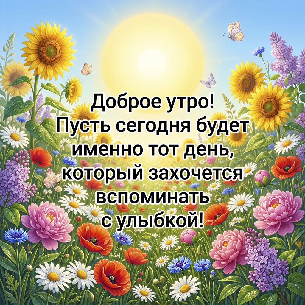 Открытка с цветущим разнотравьем, большим солнцем и текстом: "Доброе утро! Пусть сегодня будет именно тот день, который захочется вспоминать с улыбкой!"