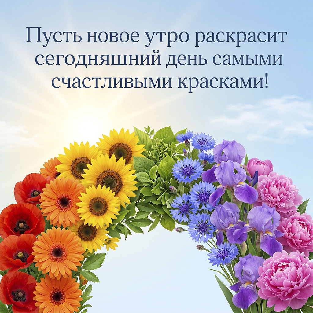 Открытка с аркой из маков, подсолнухов, васильков, ирисов и пионов на фоне неба и текстом: "Пусть новое утро раскрасит сегодняшний день самыми счастливыми красками!"