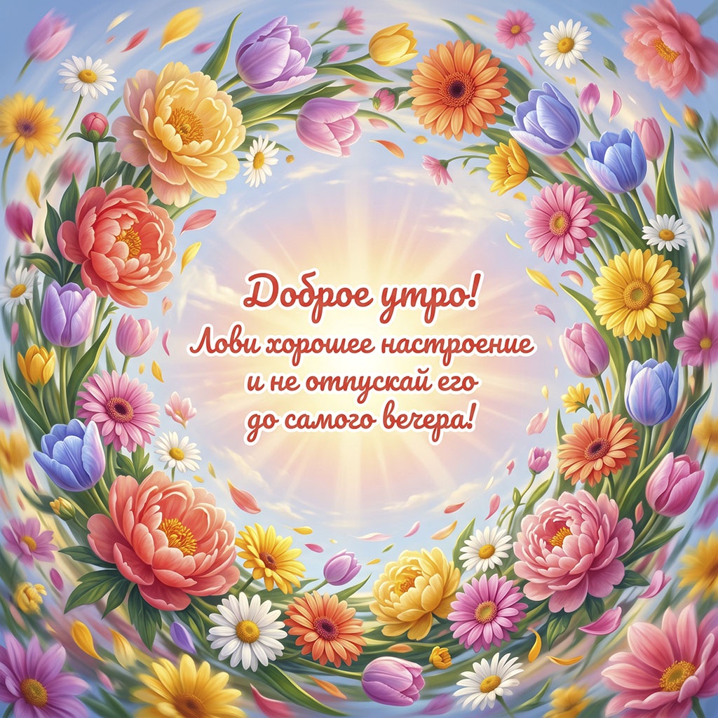 Открытка с летящими пионами, тюльпанами, герберами, ромашками и текстом: "Доброе утро! Лови хорошее настроение и не отпускай его до самого вечера!"