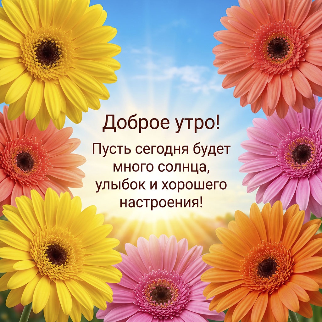 Открытка с золотистыми, розовыми и оранжевыми герберами на фоне лазурного неба и текстом: "Доброе утро! Пусть сегодня будет много солнца, улыбок и хорошего настроения!"