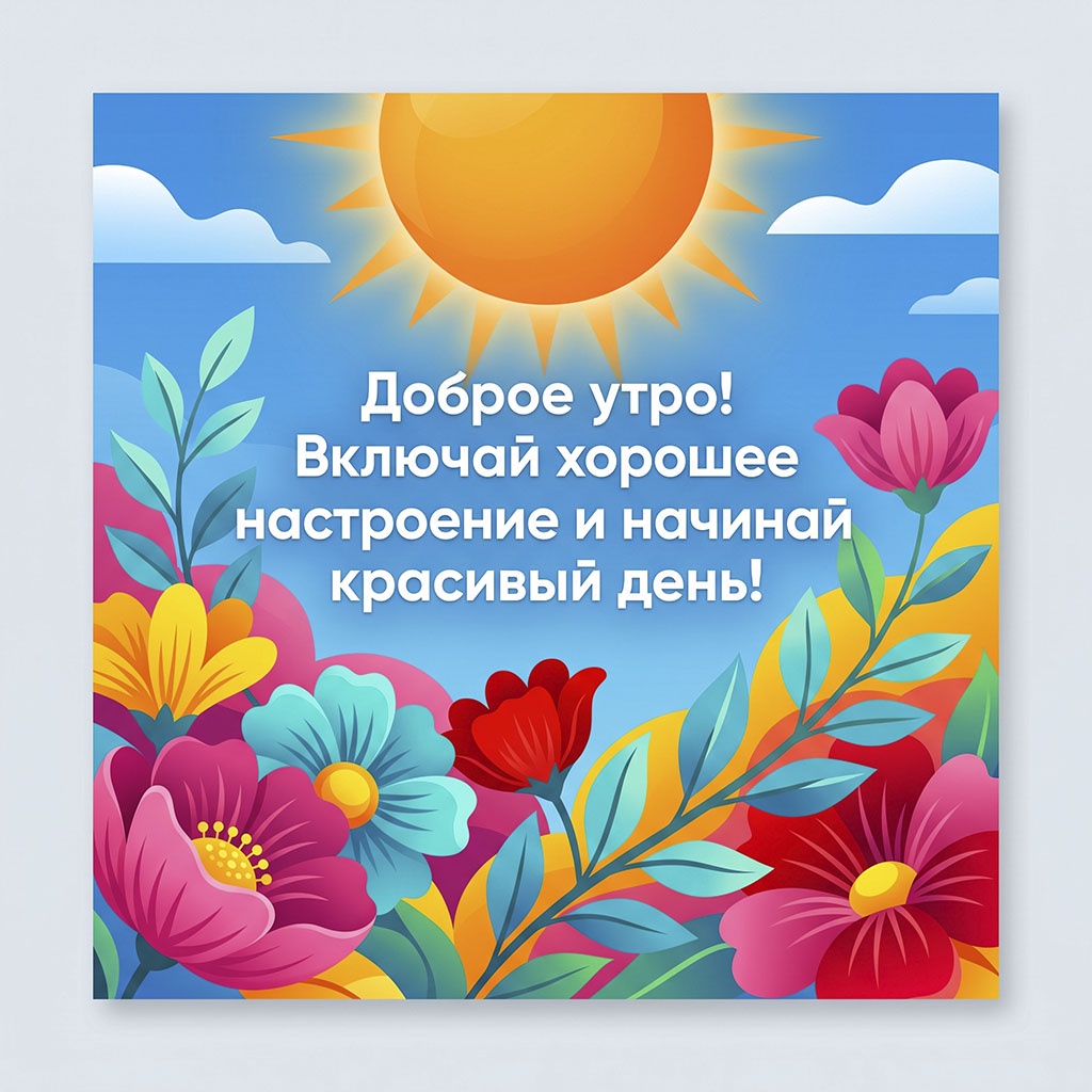 Векторная открытка с ярким солнцем, облаками, крупными цветами и текстом: "Доброе утро! Включай хорошее настроение и начинай красивый день!"