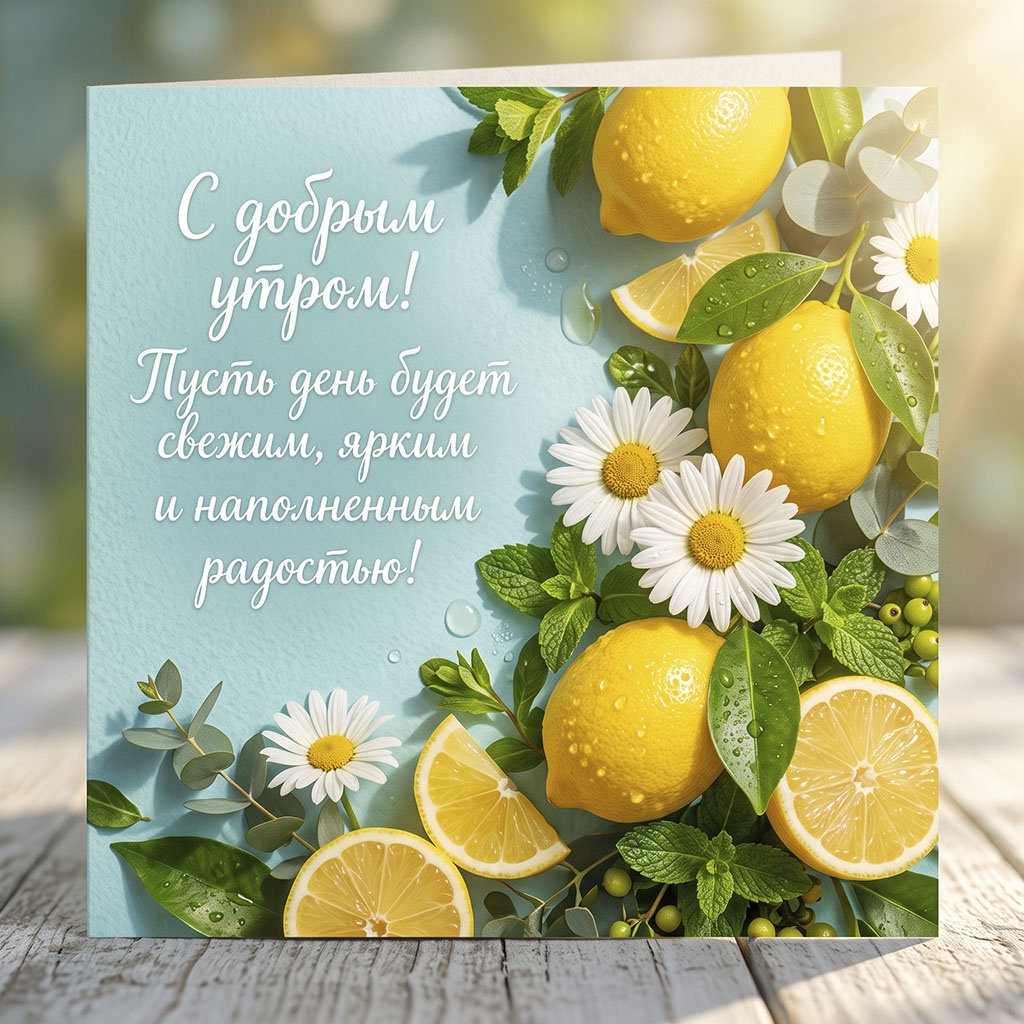 Открытка с лимонами, листьями мяты, ромашками и каплями воды на голубом фоне и текстом: "С добрым утром! Пусть день будет свежим, ярким и наполненным радостью!"