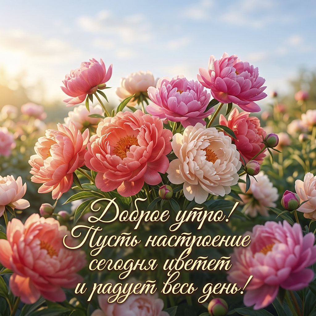 Открытка с розовыми и кремовыми пионами в лучах утреннего солнца и текстом: "Доброе утро! Пусть настроение сегодня цветет и радует весь день!"