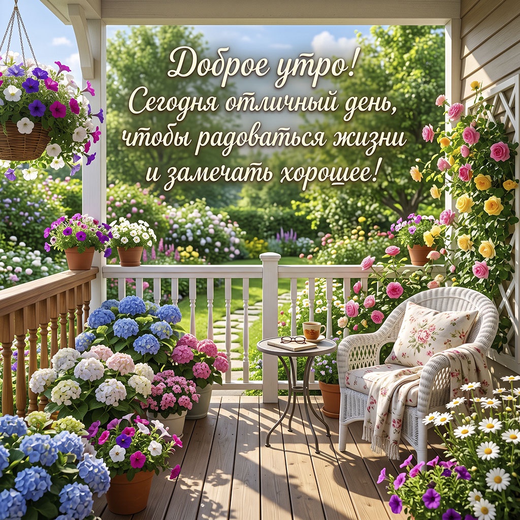 Открытка с террасой в цветах, плетеным креслом, столиком с чашкой чая и текстом: "Доброе утро! Сегодня отличный день, чтобы радоваться жизни и замечать хорошее!"