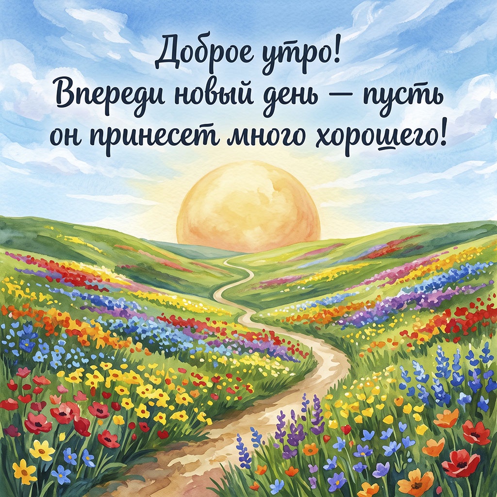 Акварельная открытка с дорожкой среди цветущих холмов, золотым солнцем и текстом: "Доброе утро! Впереди новый день - пусть он принесет много хорошего!"