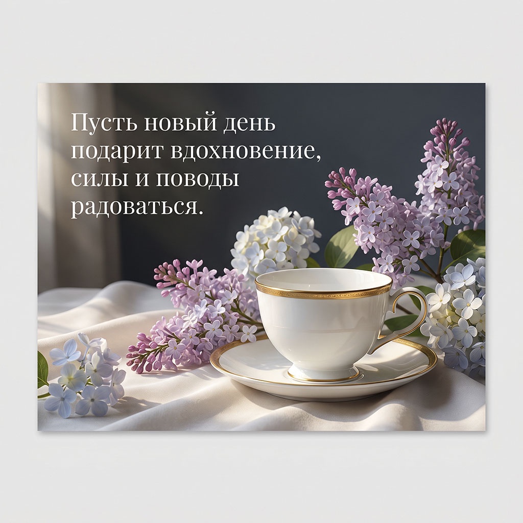Открытка с белой чашкой с золотой каймой на блюдце, ветками сирени на светлой ткани и текстом: "Пусть новый день подарит вдохновение, силы и поводы радоваться."