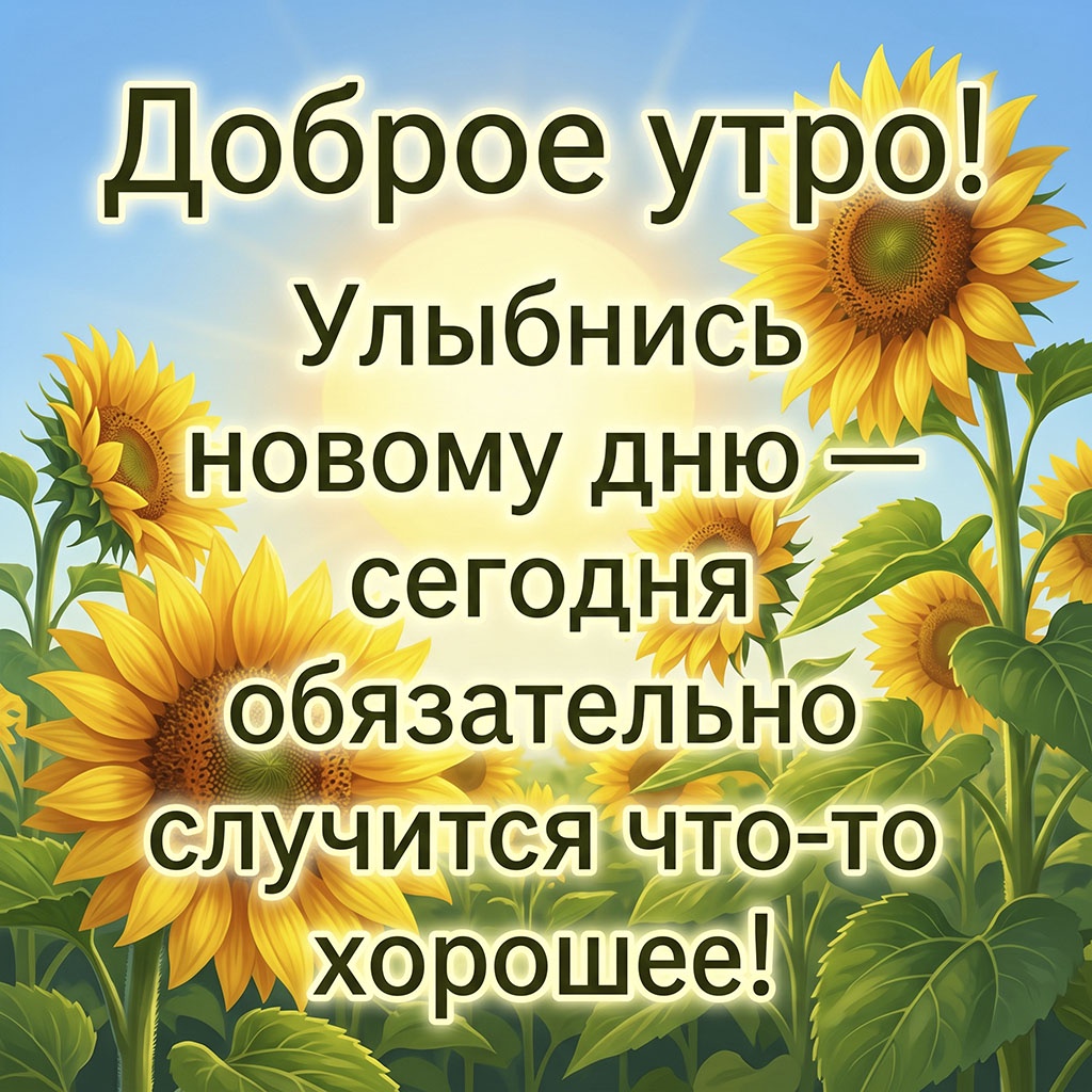 Открытка с крупными подсолнухами в лучах солнца и текстом: "Доброе утро! Улыбнись новому дню - сегодня обязательно случится что-то хорошее!"