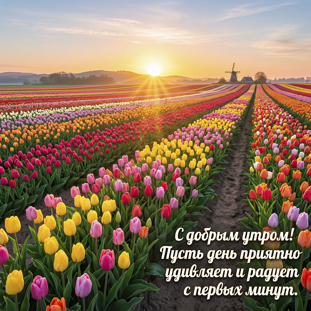 Открытка с рядами разноцветных тюльпанов, мельницей на рассвете и текстом: "С добрым утром! Пусть день приятно удивляет и радует с первых минут."