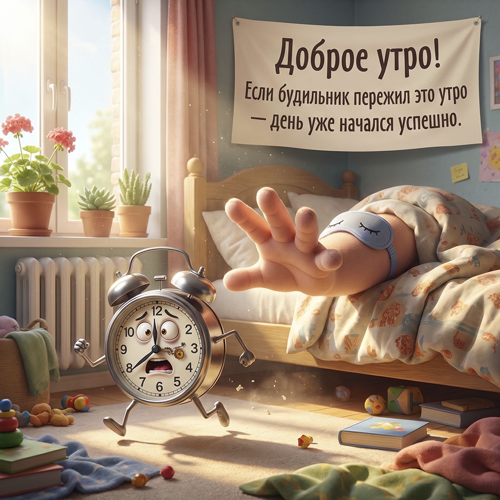 Открытка с испуганным будильником на ножках, рукой из-под одеяла и текстом: "Доброе утро! Если будильник пережил это утро - день уже начался успешно."