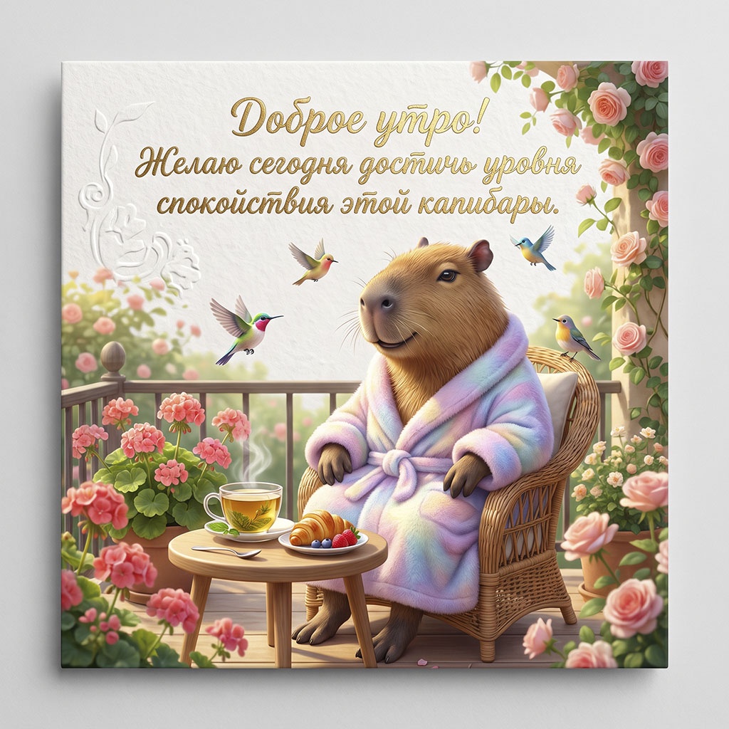 Открытка с капибарой в пушистом халате и тапочках в кресле на террасе, с чаем и круассаном, и текстом: "Доброе утро! Желаю сегодня достичь уровня спокойствия этой капибары."