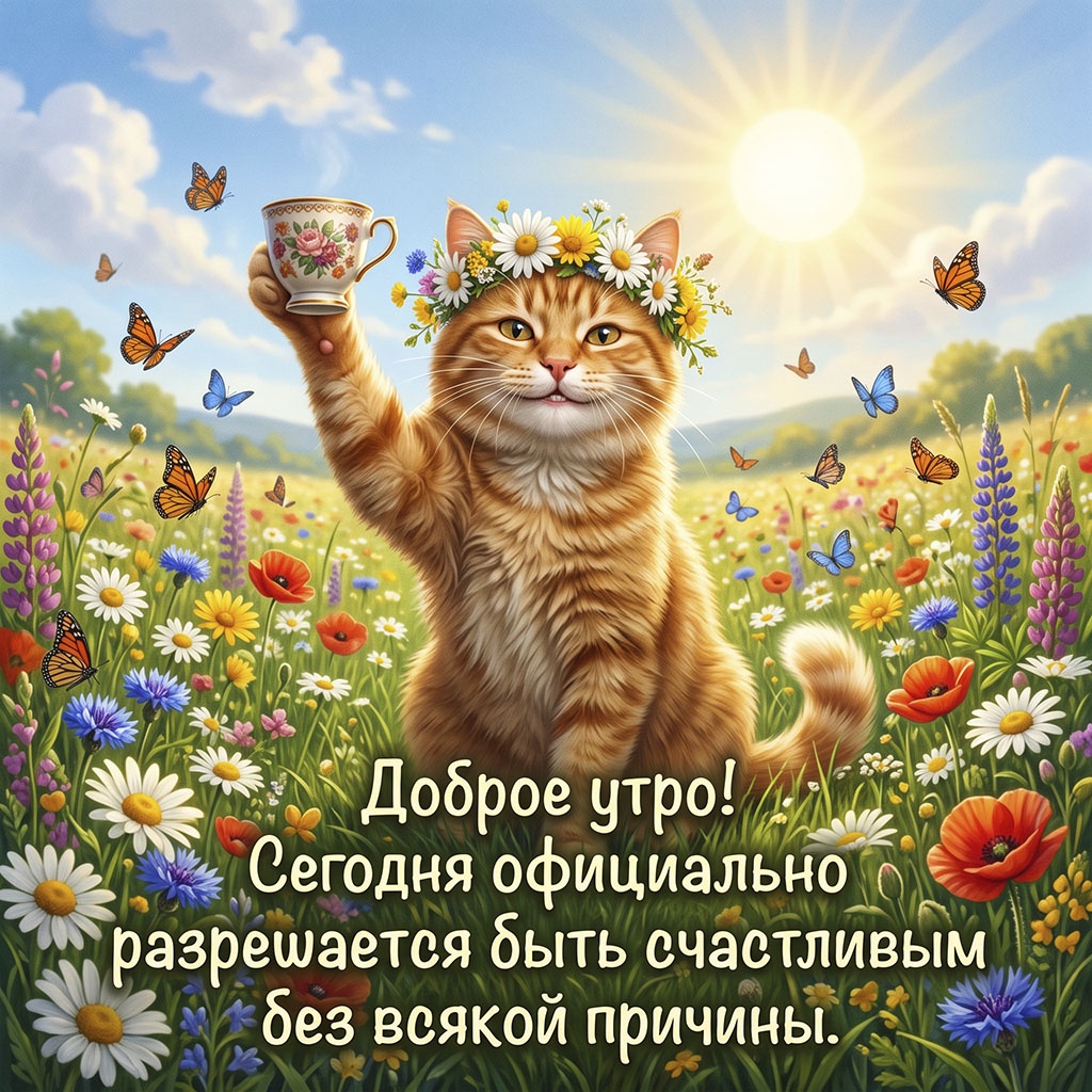 Открытка с рыжим котом в венке из ромашек с чашкой в лапе на цветущем лугу и текстом: "Доброе утро! Сегодня официально разрешается быть счастливым без всякой причины."