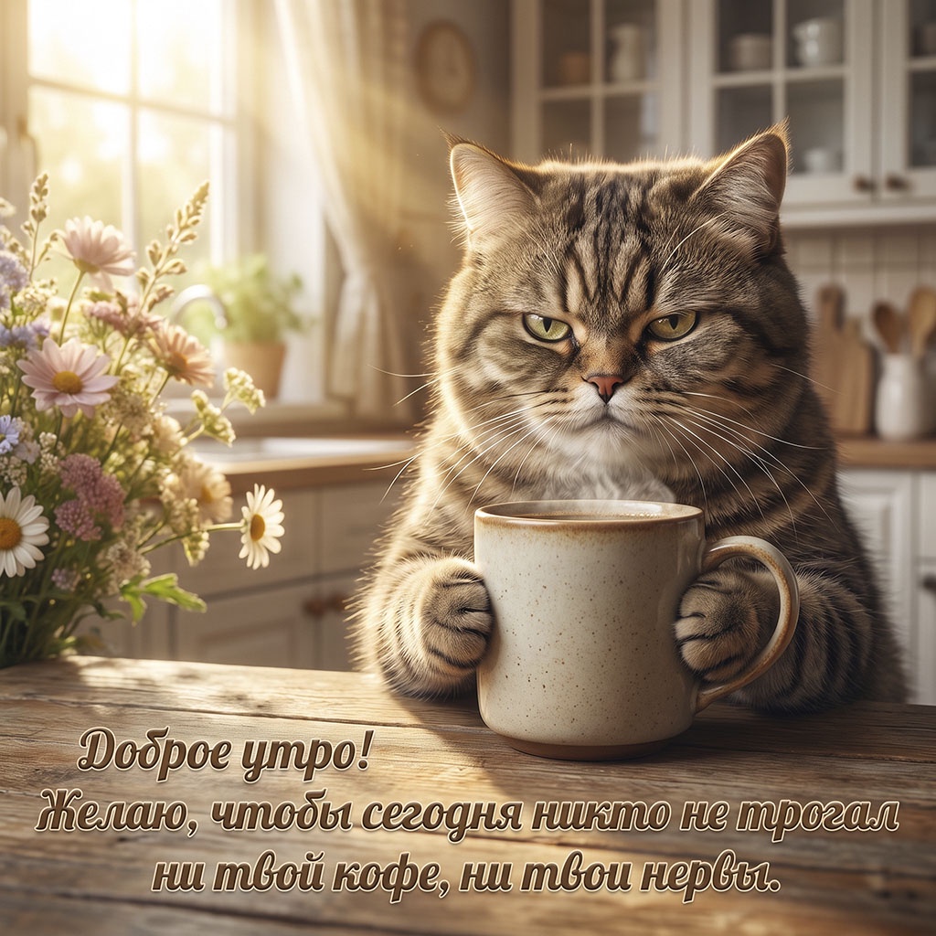 Открытка с важным полосатым котом, держащим чашку кофе, на фоне уютной кухни и текстом: "Доброе утро! Желаю, чтобы сегодня никто не трогал ни твой кофе, ни твои нервы."
