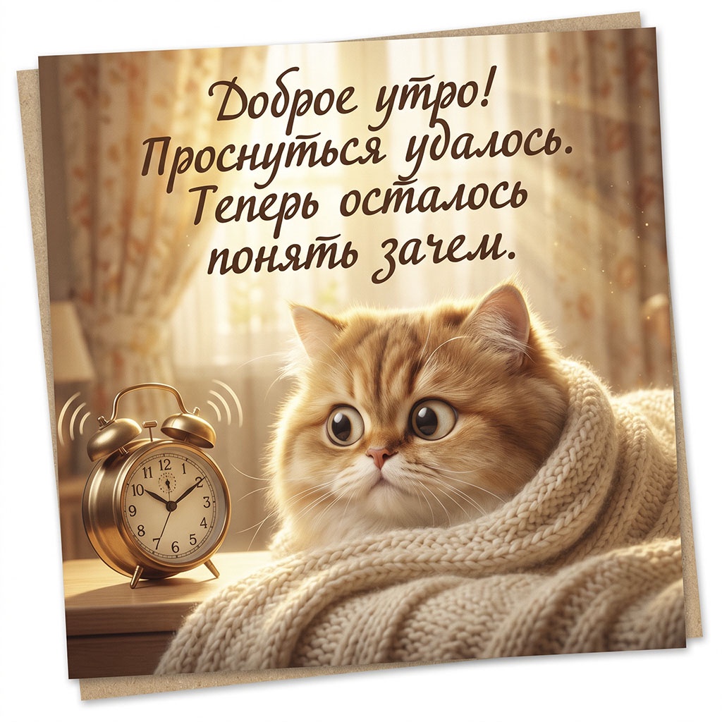 Открытка с рыжим котом, завернутым в плед, и звонящим будильником, с текстом: "Доброе утро! Проснуться удалось. Теперь осталось понять зачем."