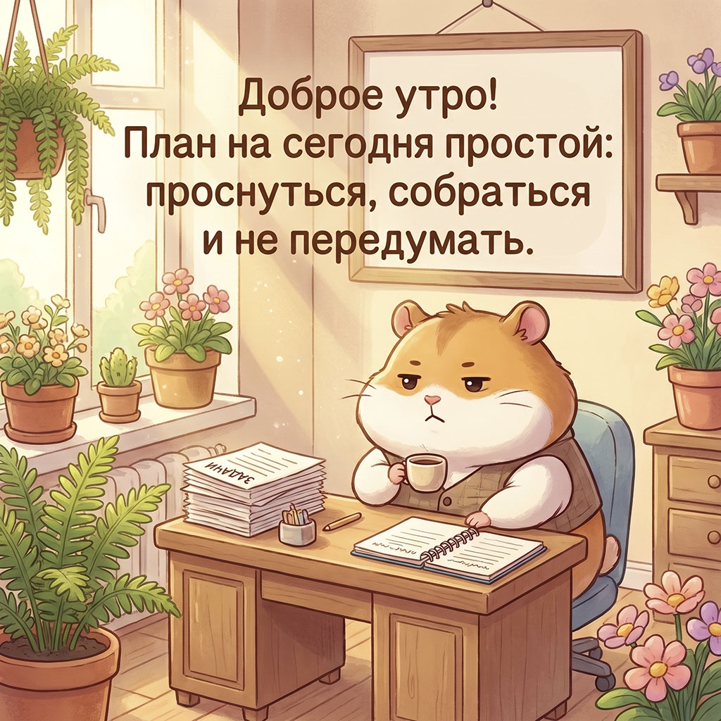 Открытка с хомяком в жилете с чашкой кофе за столом с бумагами и текстом: "Доброе утро! План на сегодня простой: проснуться, собраться и не передумать."