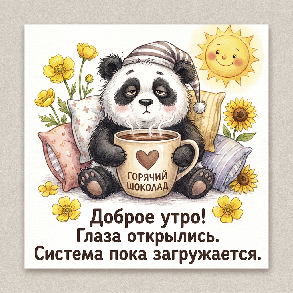 Открытка с сонной пандой в ночном колпаке с чашкой горячего шоколада, подушками и текстом: "Доброе утро! Глаза открылись. Система пока загружается."