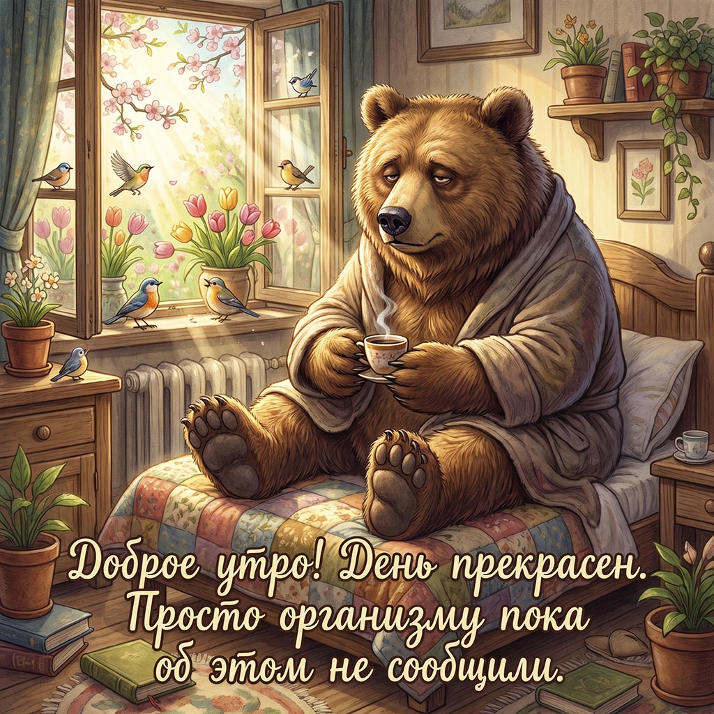 Открытка с медведем в халате с чашкой кофе в постели у окна и текстом: "Доброе утро! День прекрасен. Просто организму пока об этом не сообщили."