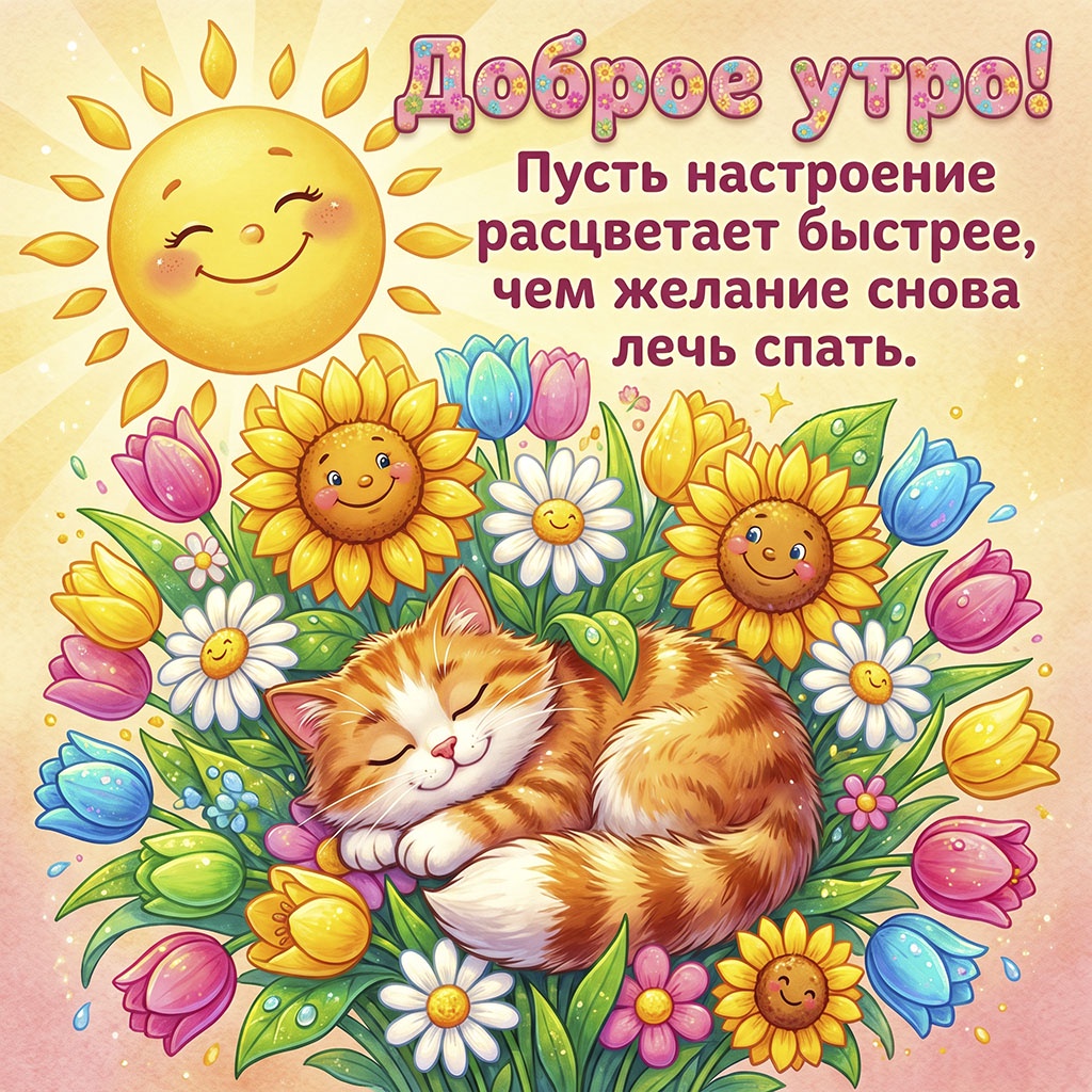Мультяшная открытка с рыжим котенком, спящим среди улыбающихся цветов и солнца, и текстом: "Доброе утро! Пусть настроение расцветает быстрее, чем желание снова лечь спать."