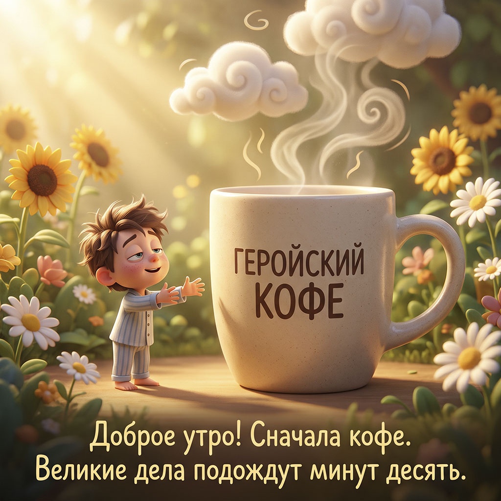 Открытка с маленьким человечком в пижаме, тянущимся к огромной чашке с надписью: "Геройский кофе" и текстом: "Доброе утро! Сначала кофе. Великие дела подождут минут десять."