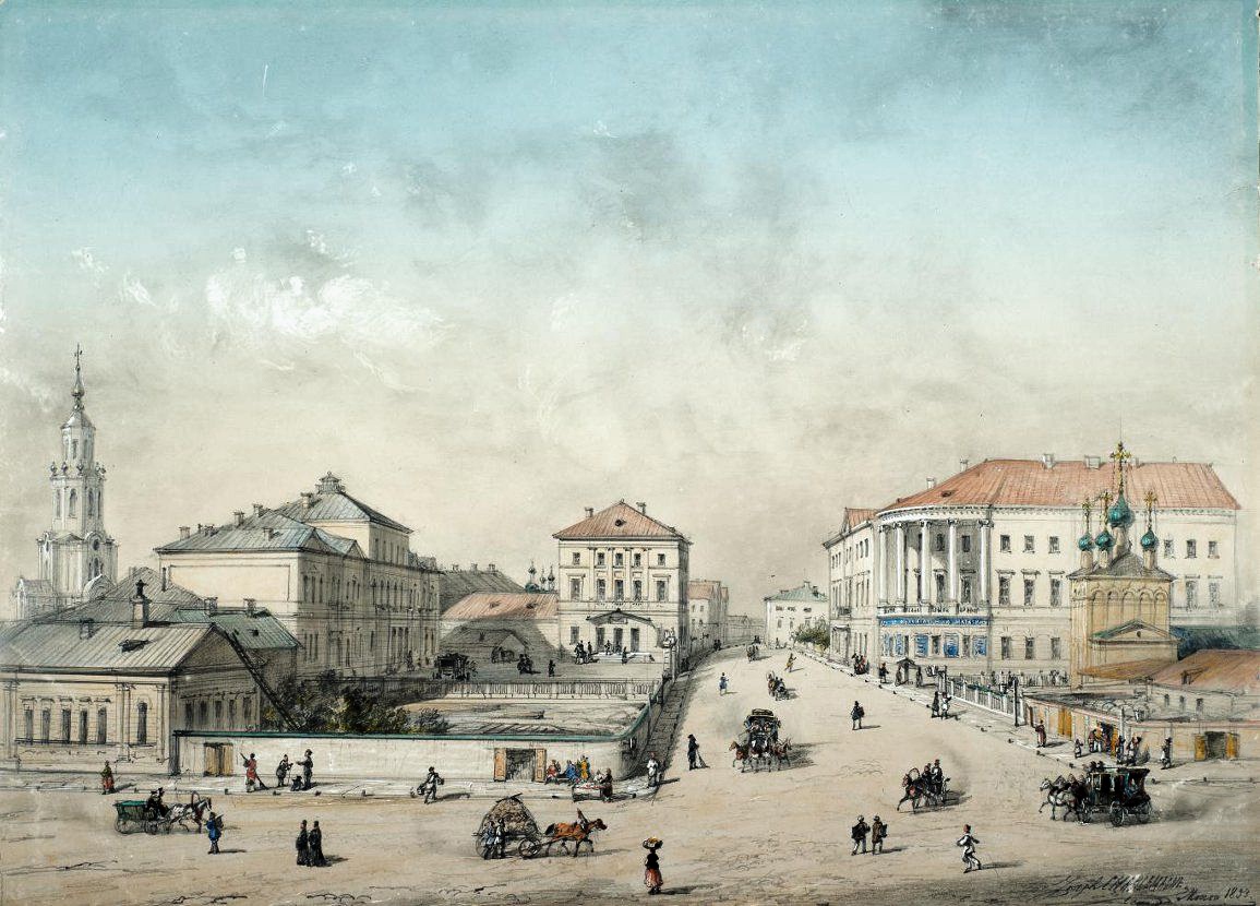 И. Шарлемань. Вид на Императорский почтамт на Мясницкой улице. 1853. Дом Юшкова на рисунке справа, за церковью Флора и Лавра