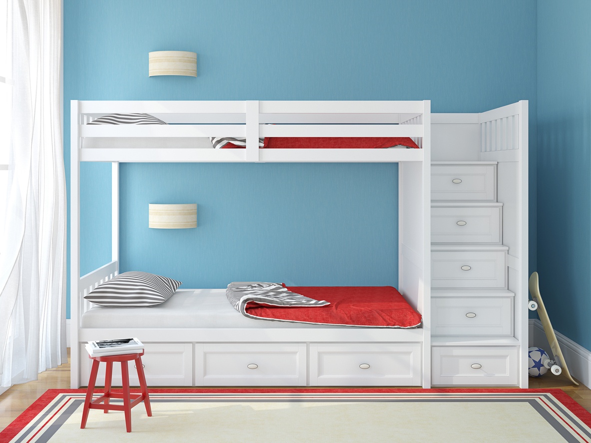 Двухуровневая кровать с выдвижными ящиками
