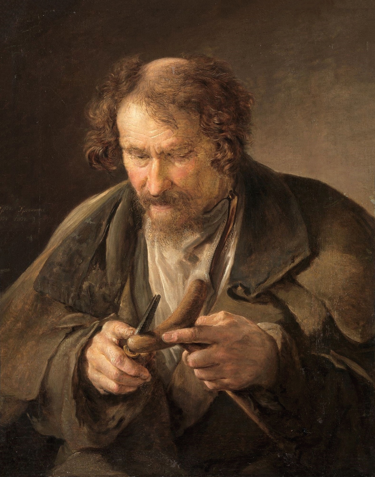 В. Тропинин. Крестьянин, обстругивающий костыль. 1834