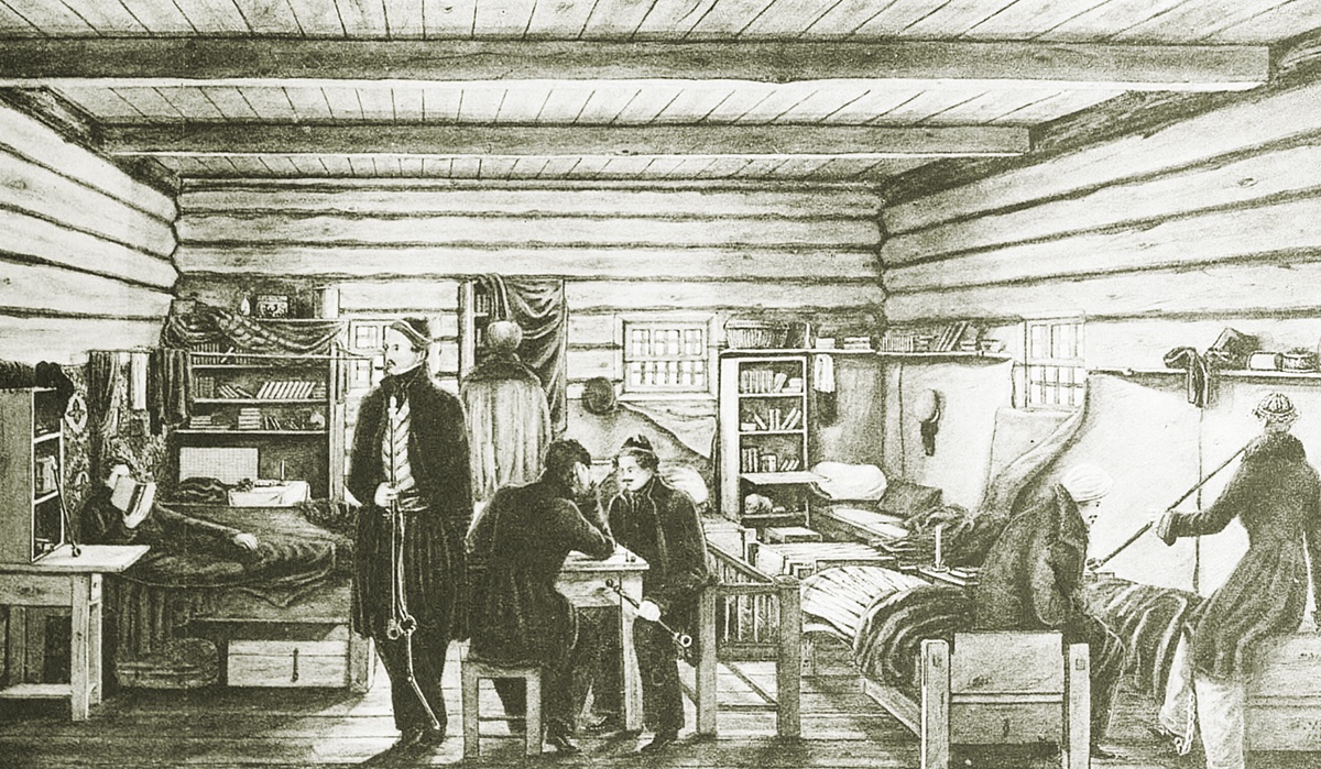 Камера декабристов в Читинском остроге. Из альбома "Декабристы. 86 портретов, вид Петровского завода и 2 бытовых рисунка того времени". 1906