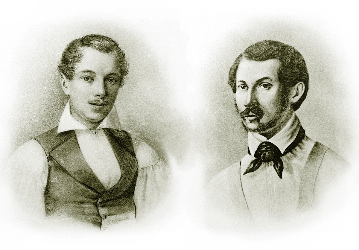 Михаил и Александр Бестужевы. Из альбома "Декабристы. 86 портретов, вид Петровского завода и 2 бытовых рисунка того времени". 1906