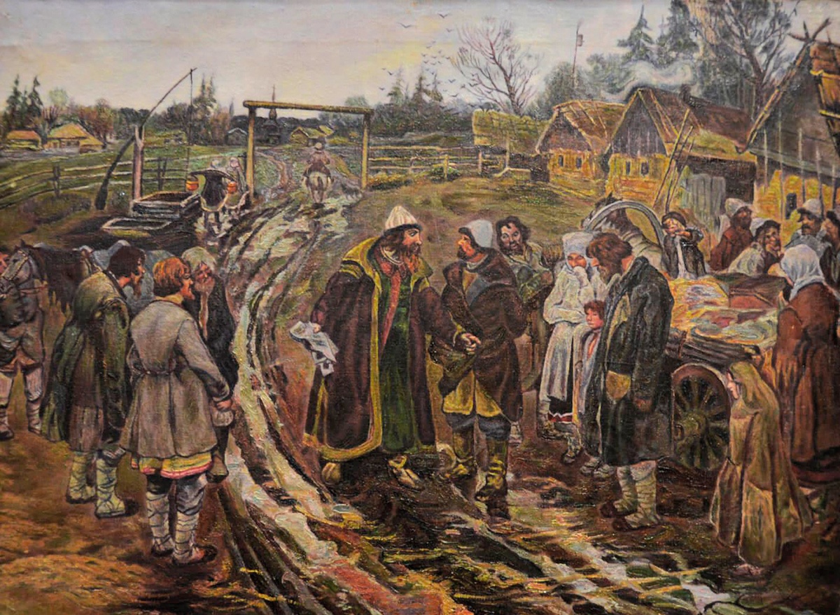 К. Лебедев. Крестьянин уезжает от помещика в Юрьев день. 1890