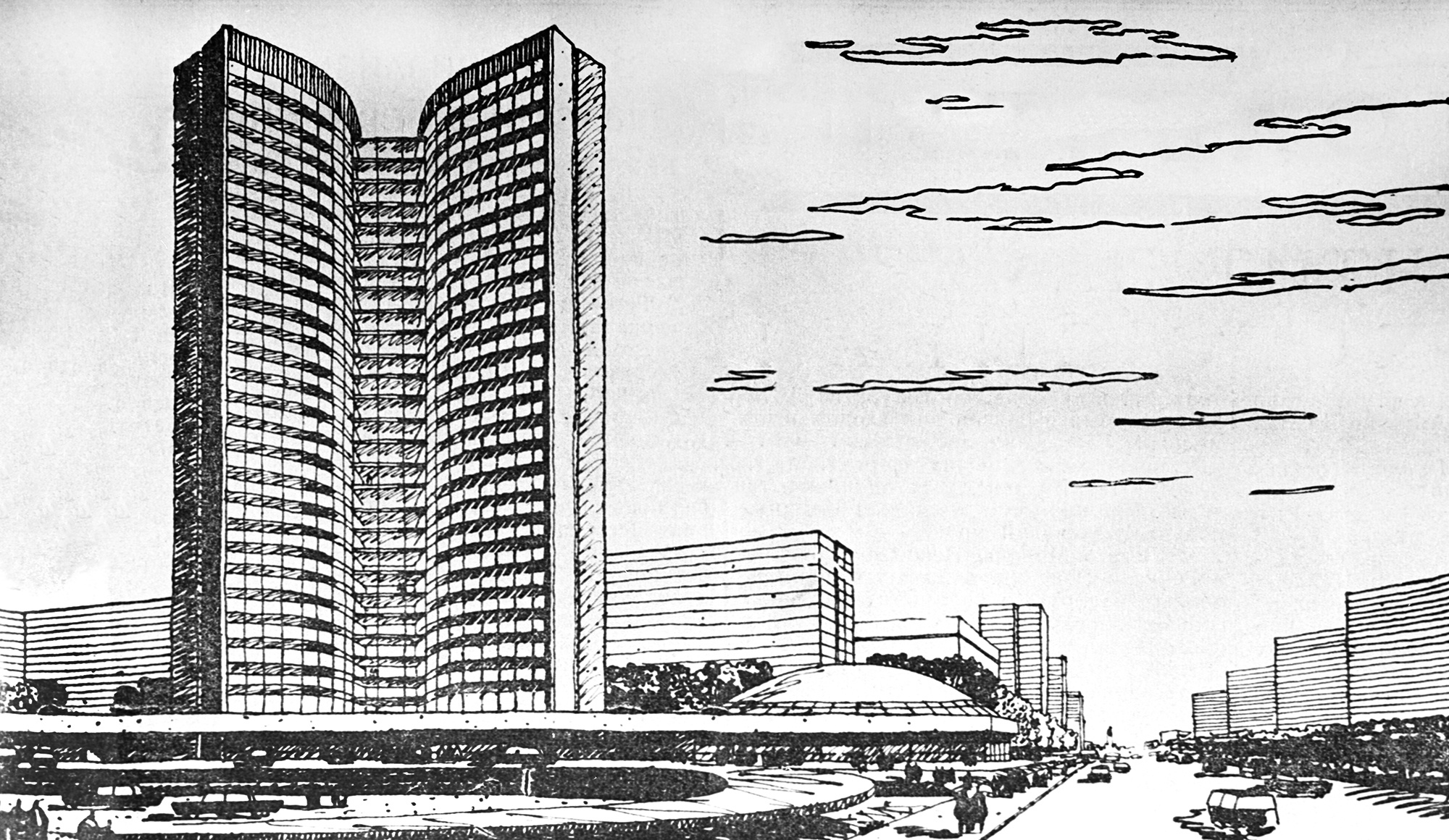 Проект комплекса зданий на Новом Арбате для СЭВ. Архитекторы - Михаил Посохин, Ашот Мндоянц, Владимир Свирский. 1963