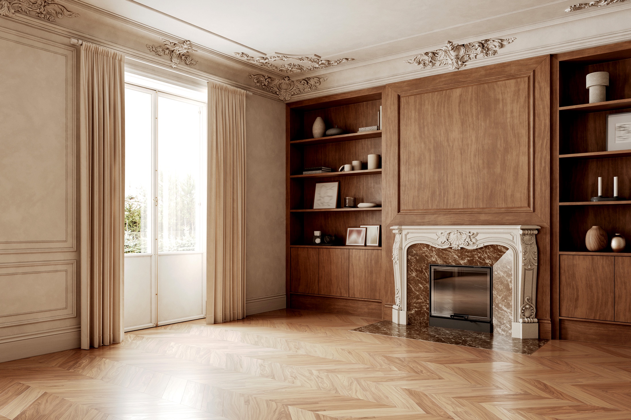 молдинг в интерьере стен и потолка в гостиной