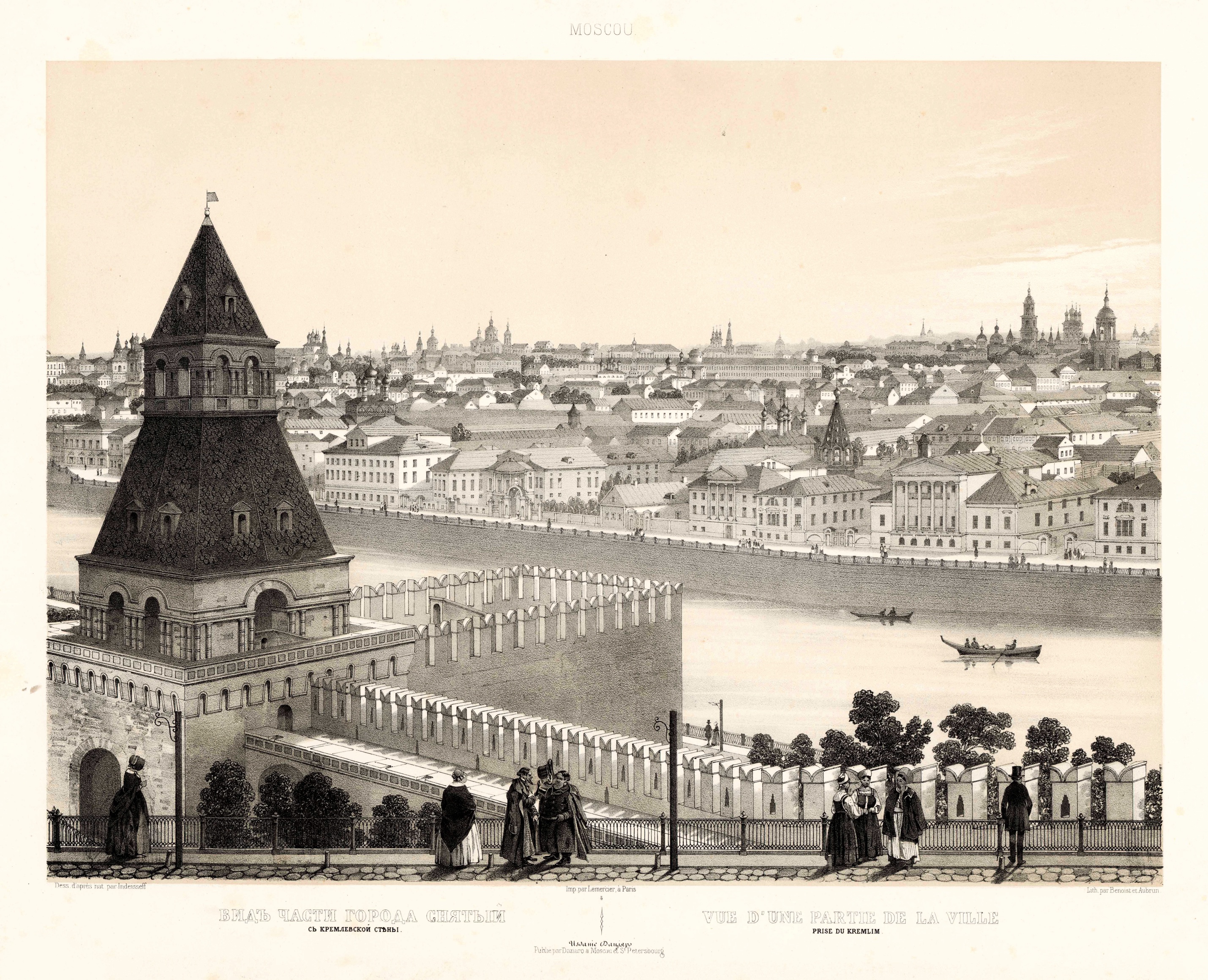 Вид на Тайникуя башню  и Замоскворечье с Кремлевской стены. 1850-е гг.