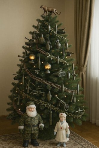  Новогодняя елка оформлено в милитари‑стиле.