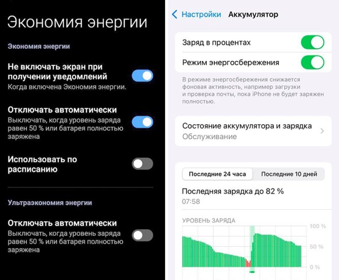 Скриншот меню, включение штатного режима экономии заряда для экстренного продления времени работы. Скриншот экрана настроек (Android и iPhone).