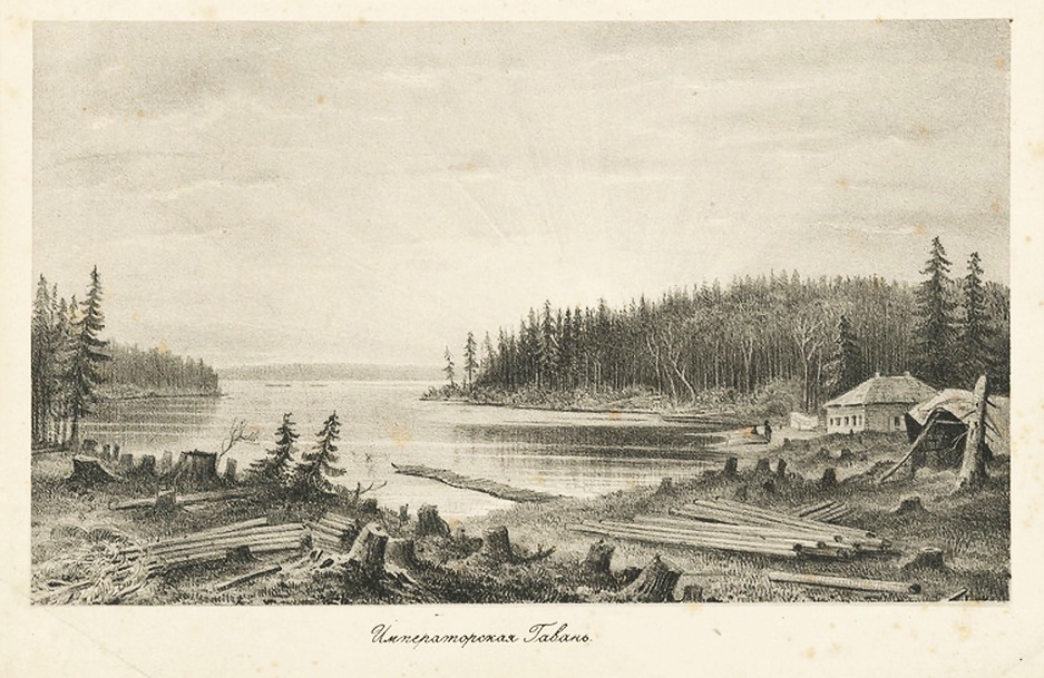 А. Вышеславцев. Императорская гавань, справа - Константиновский пост. 1867